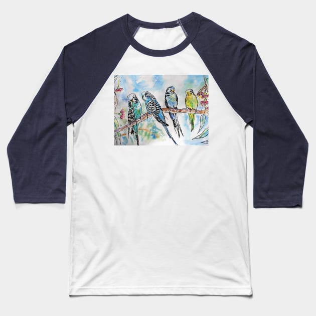 Colourful Budgies Budgerigars Sitting on A Branch Watercolor Painting Baseball T-Shirt by SarahRajkotwala